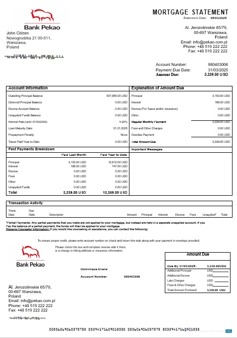 Download Poland Bank Pekao S.A mortgage statement in Word and PDF formats Photoshop template